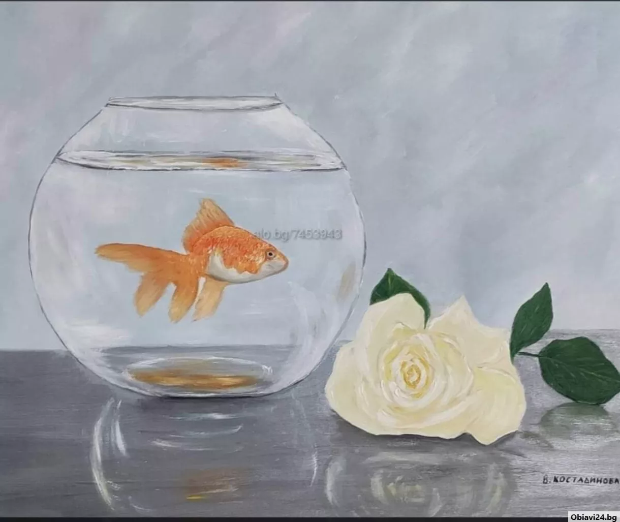 Бяла роза и аквариум с рибка маслена картина - obiavi24.bg