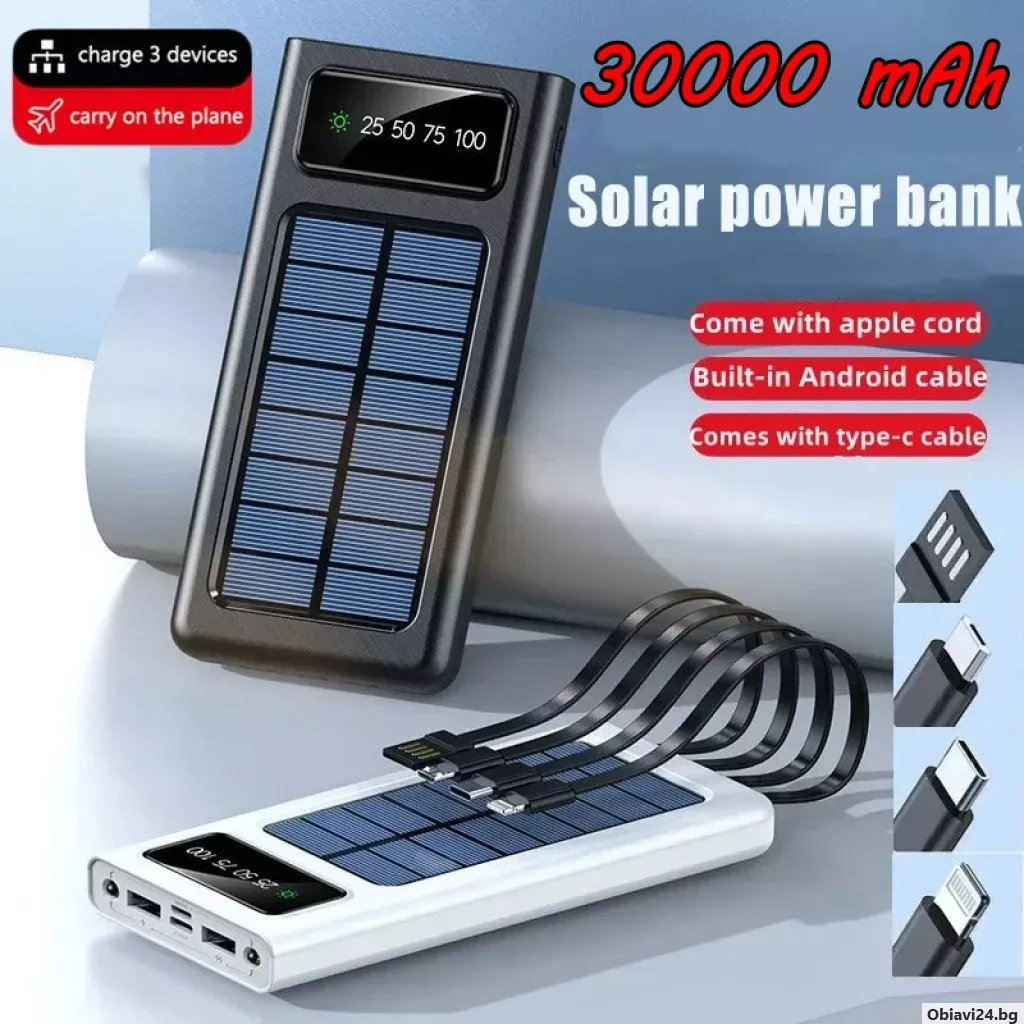 Външна батерия със соларен панел Power bank UKC 8412 30000 Mah кабел за зареждане 4в1 Син - obiavi24.bg
