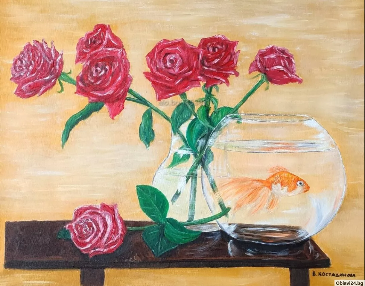 Ваза с червени рози и златна рибка маслена картина - obiavi24.bg